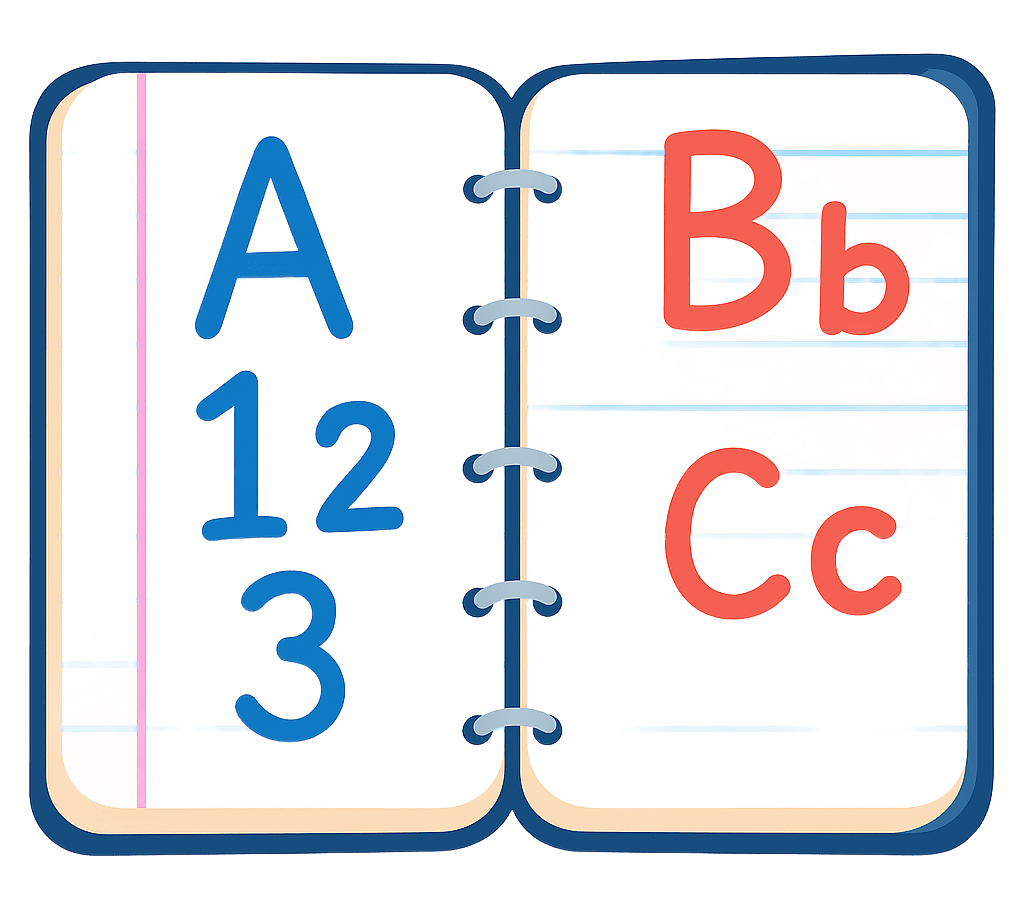 Illustrazione di un quaderno con lettere dell'alfabeto e numeri