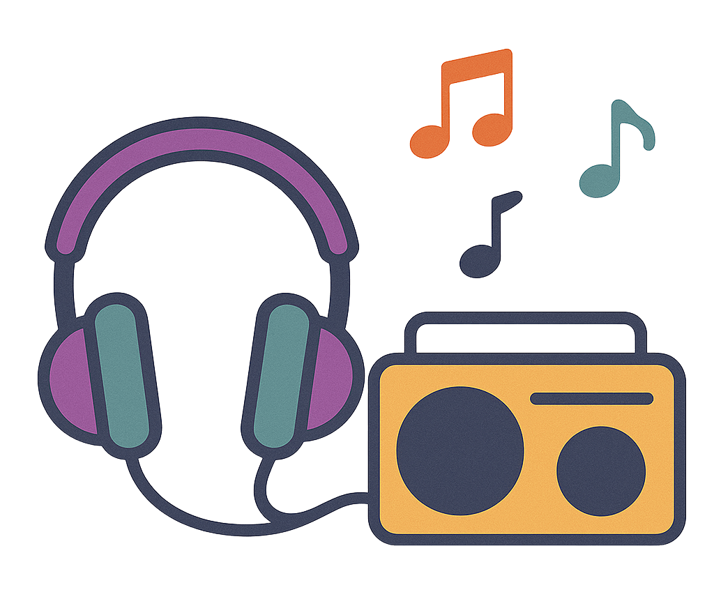 Illustrazione di uno stereo con cuffie e note musicali